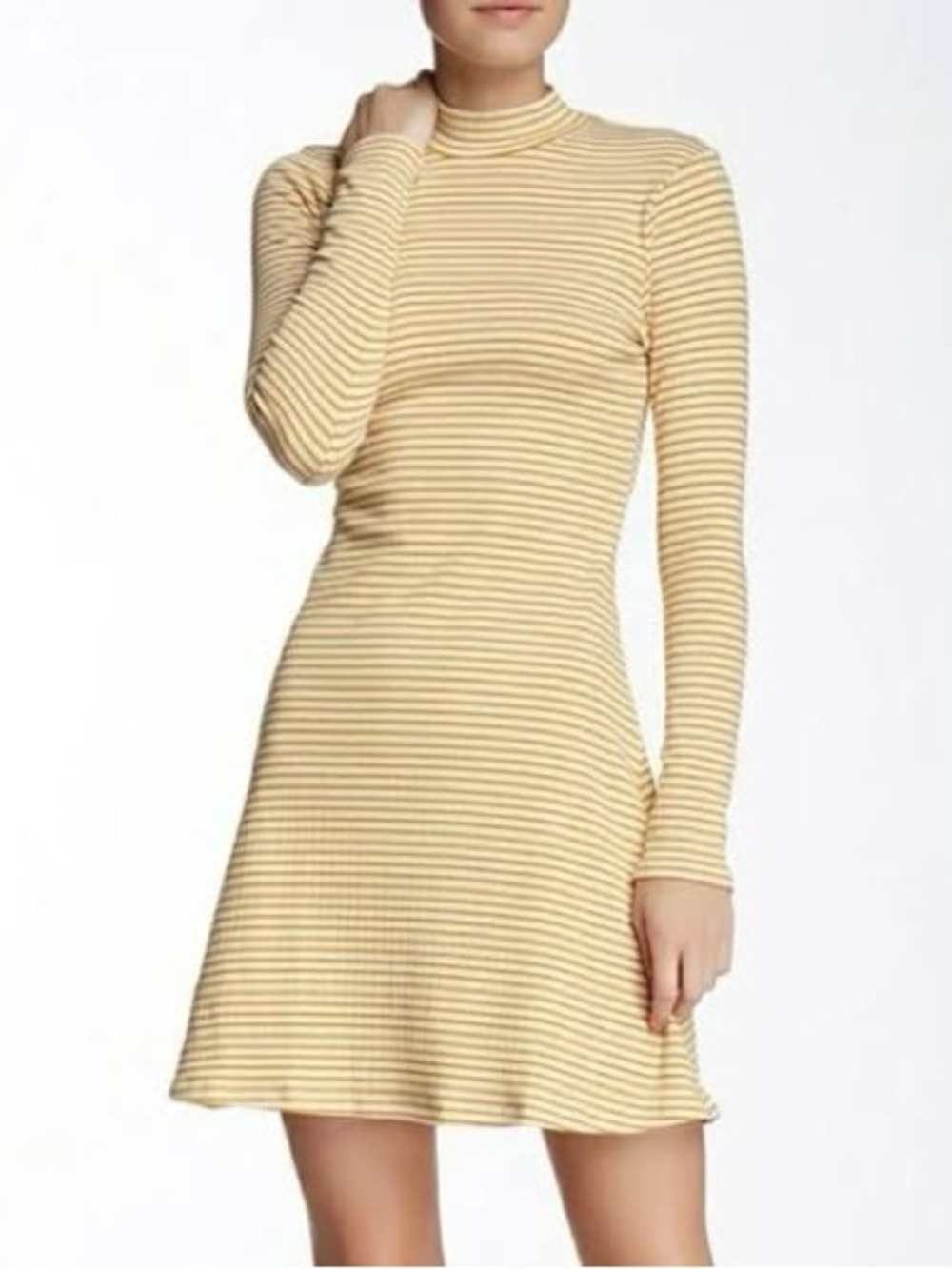 American Apparel Mustard & Cream Striped Ribbed Mock Neck Mini Dress Size Large